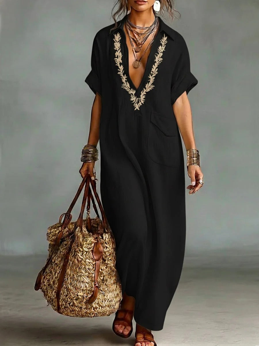 Boho Embroidered-Look Long Dress for Women - Elegant Split Neck Resort Vacation Kaftan