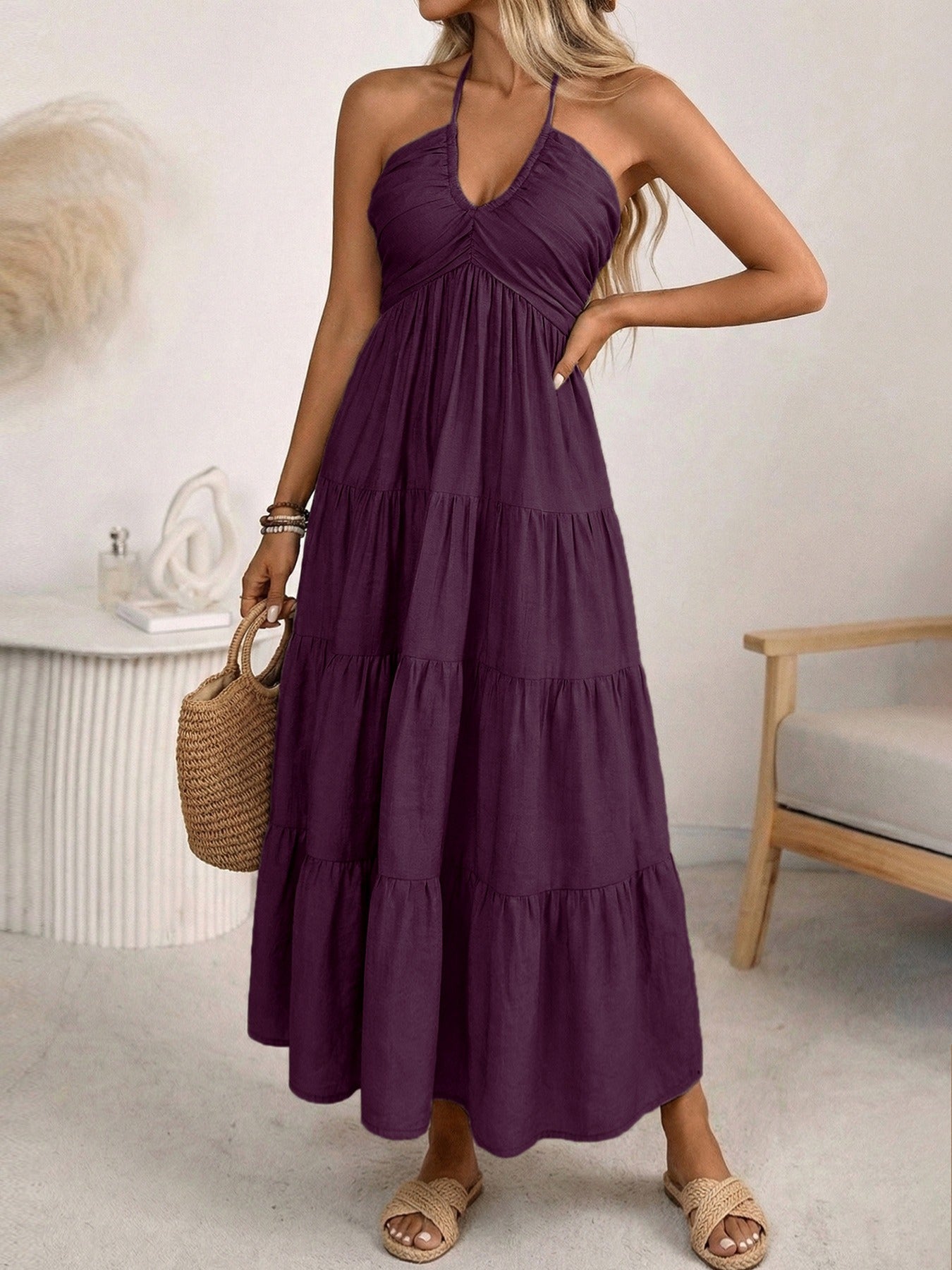 Bohemian Halter Neck Backless Maxi Dress - Ruched V-Neck Tiered Summer Beach Resort Long Sun Dress