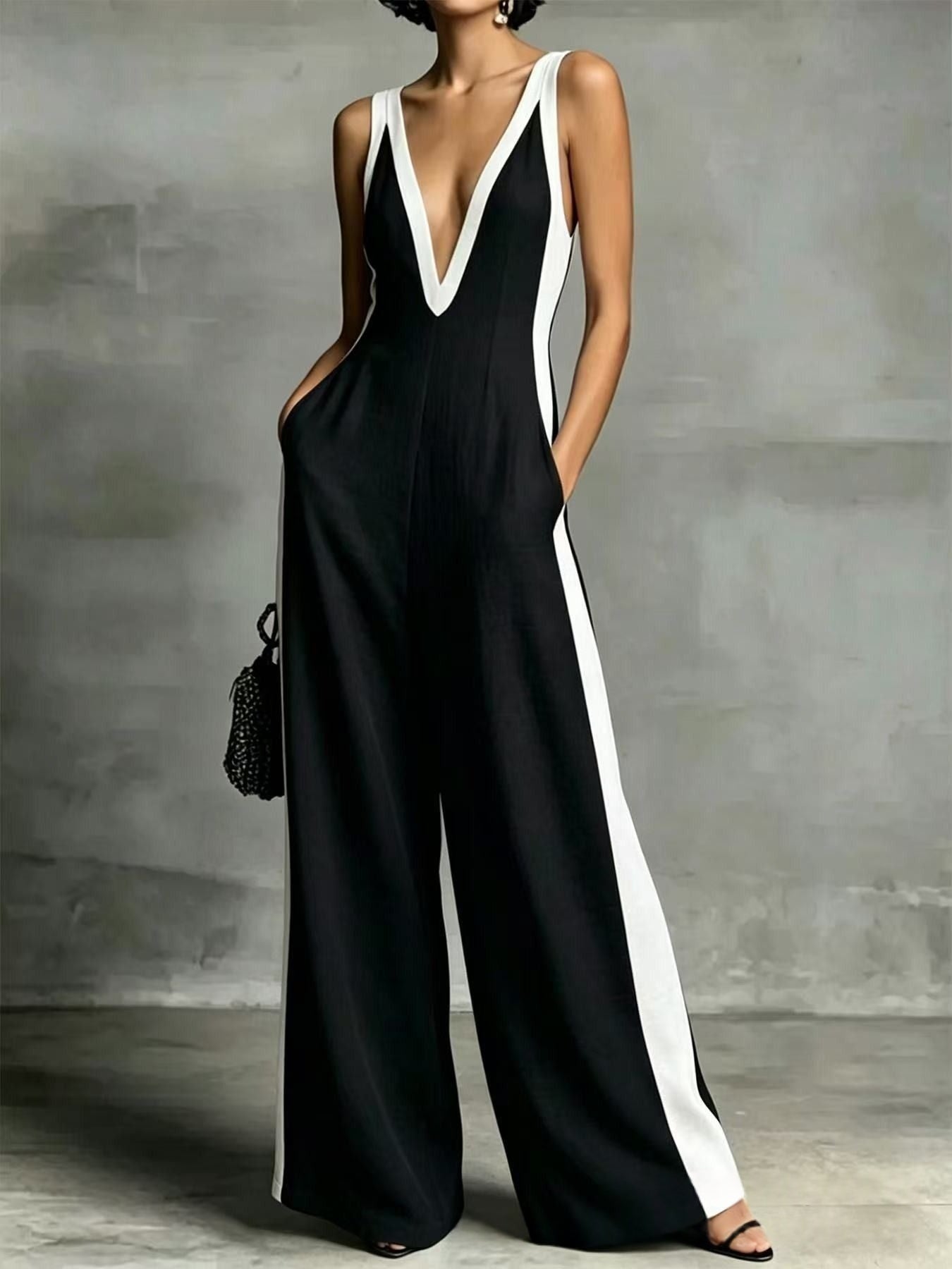Sexy Color-Block Deep V-Neck Sleeveless Wide-Leg Jumpsuit