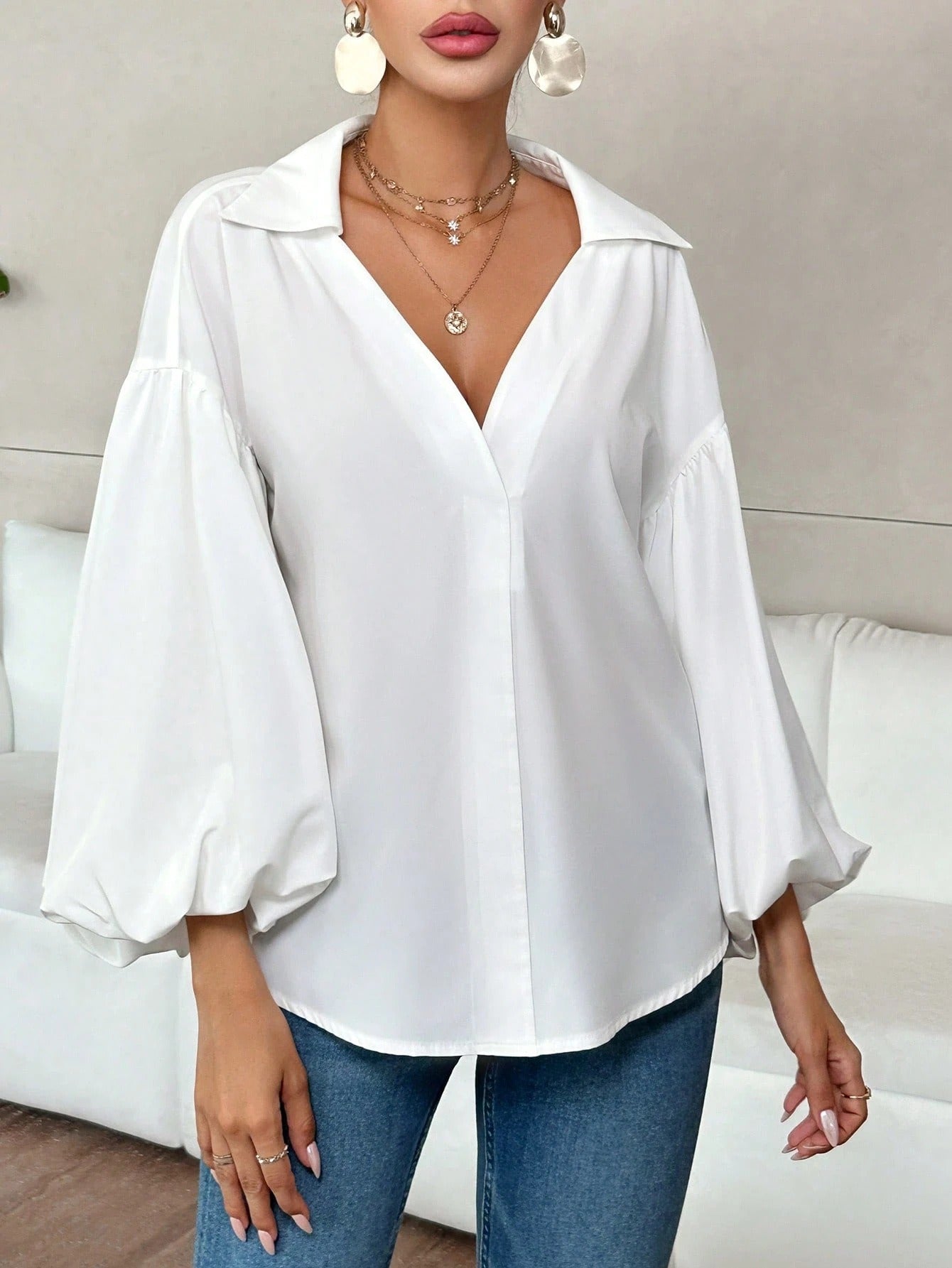 Polka Dot V-Neck Lantern Sleeve Blouse | Loose Fit Elegant Casual Pleated Shirt Top