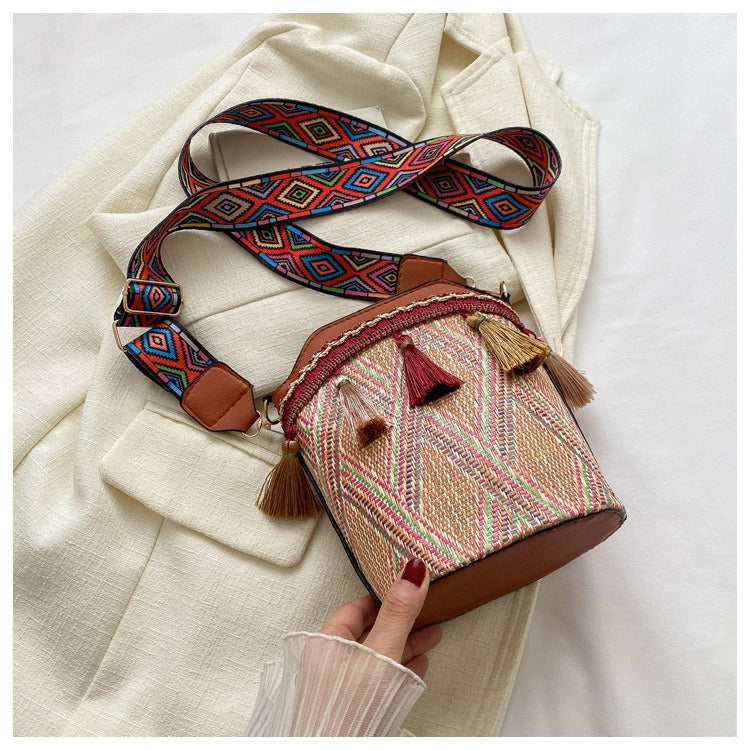Bohemian Straw Bucket Crossbody Bag - Vintage Tribal Woven Beach Purse with Tassels & Wide Strap