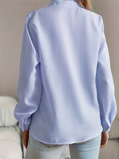 Vintage Striped Ruffle Seersucker Blouse - Long Sleeve Button-Down Stand Collar Shirt for Women