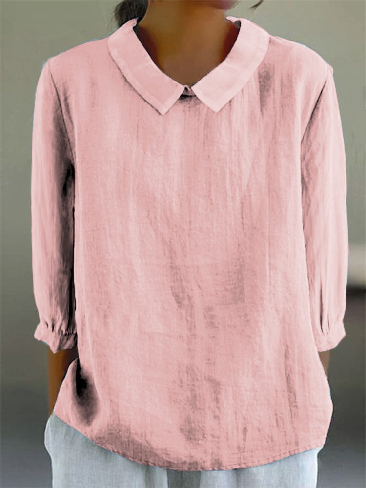 Chemise décontractée unie en coton et lin à manches 3/4 pour femme