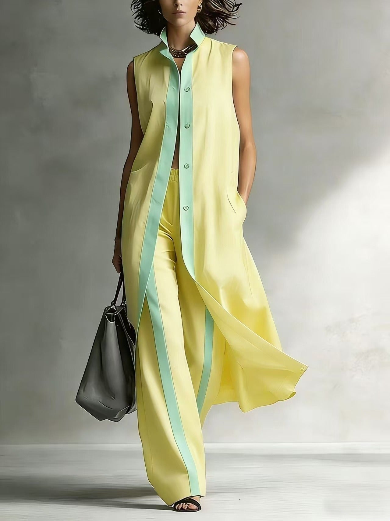 Women's Color Block 2-Piece Lounge Set | Casual Longline Sleeveless Cardigan & Wide Leg Pants Suit