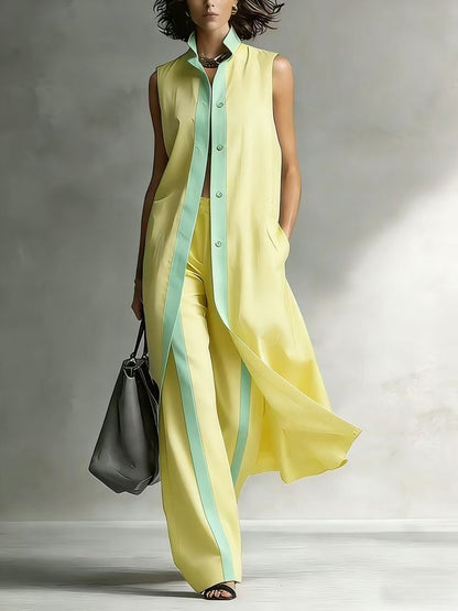 Women's Color Block 2-Piece Lounge Set | Casual Longline Sleeveless Cardigan & Wide Leg Pants Suit