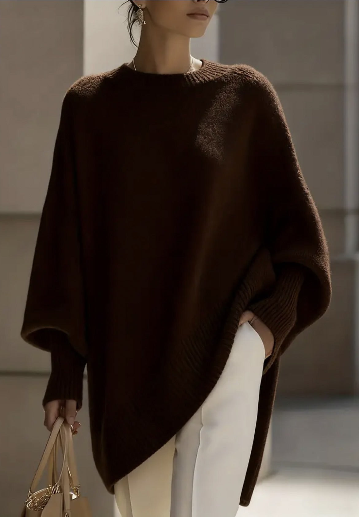 Premium Faux Cashmere Poncho Sweater - Slouchy Batwing Sleeve Crewneck Loose Pullover Plus Size