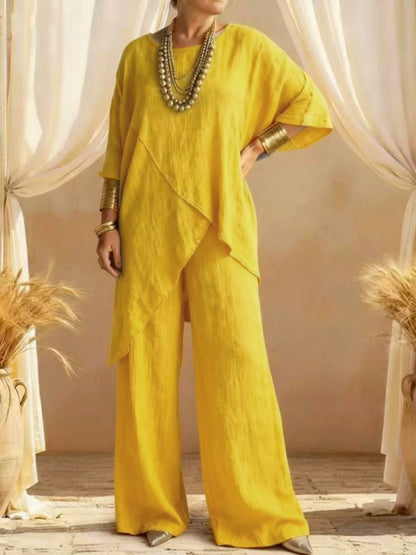 Ensemble deux pièces asymétrique en lin pour femmes – Tunique superposée oversize et pantalon large, ensemble décontracté d'été style bohème