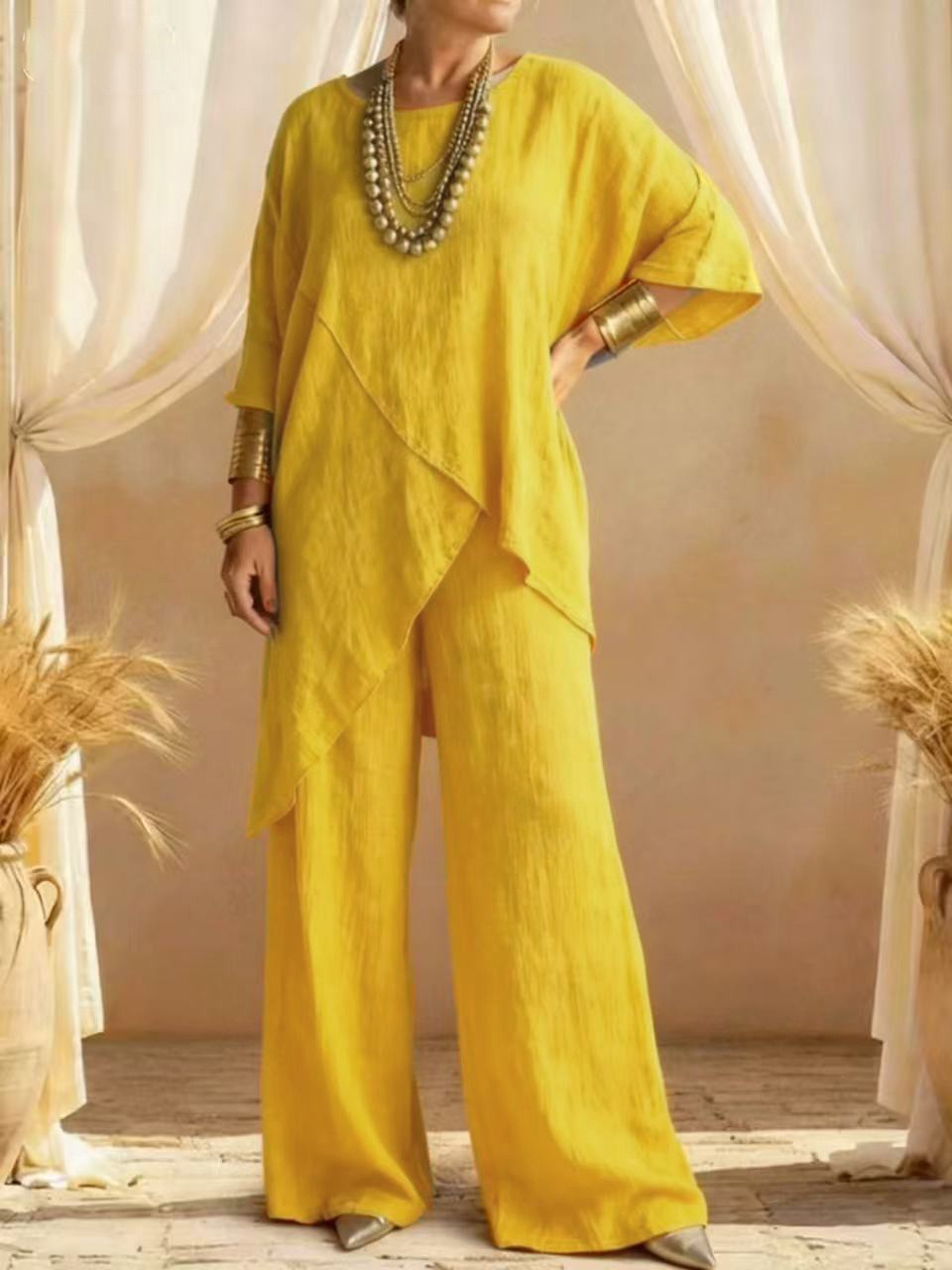 Ensemble deux pièces asymétrique en lin pour femmes – Tunique superposée oversize et pantalon large, ensemble décontracté d'été style bohème