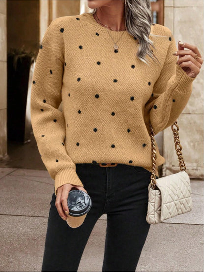Women's Polka Dot Jacquard Knit Sweater | Casual Round Neck Long Sleeve Pullover Top