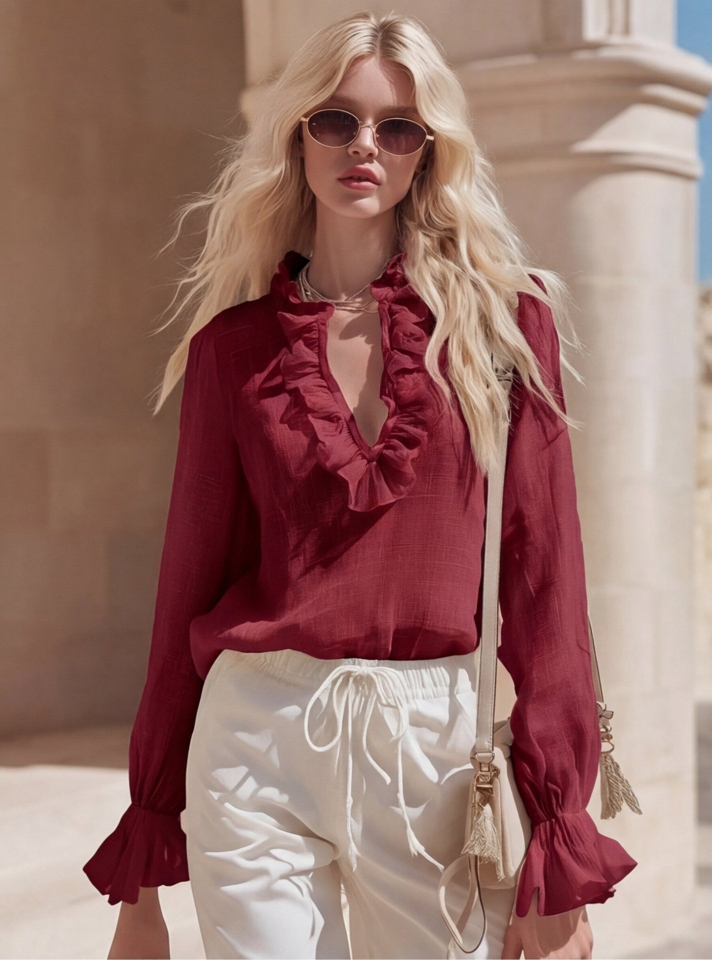 Chemisier en mélange de lin à col en V et volants pour femme - Chemise élégante à manches longues et poignets évasés