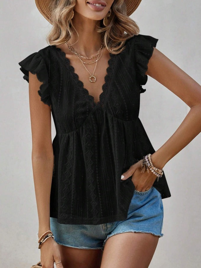 Eyelet Lace V-Neck Ruffle Blouse | Embroidered Short Sleeve Casual Babydoll Shirt Top