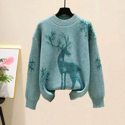 Festive Deers Jacquard Crewneck Sweater - Slouchy Long Sleeve Loose Pullover Knitwear