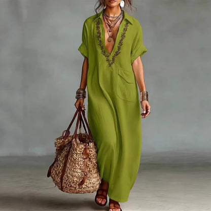 Boho Embroidered-Look Long Dress for Women - Elegant Split Neck Resort Vacation Kaftan