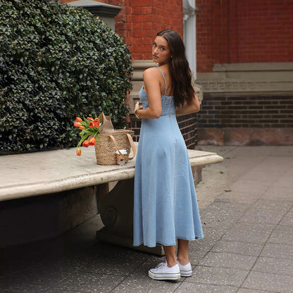 Vintage Washed Denim Camisole Dress for Women - Elegant Slender Fit A-Line Long Gown