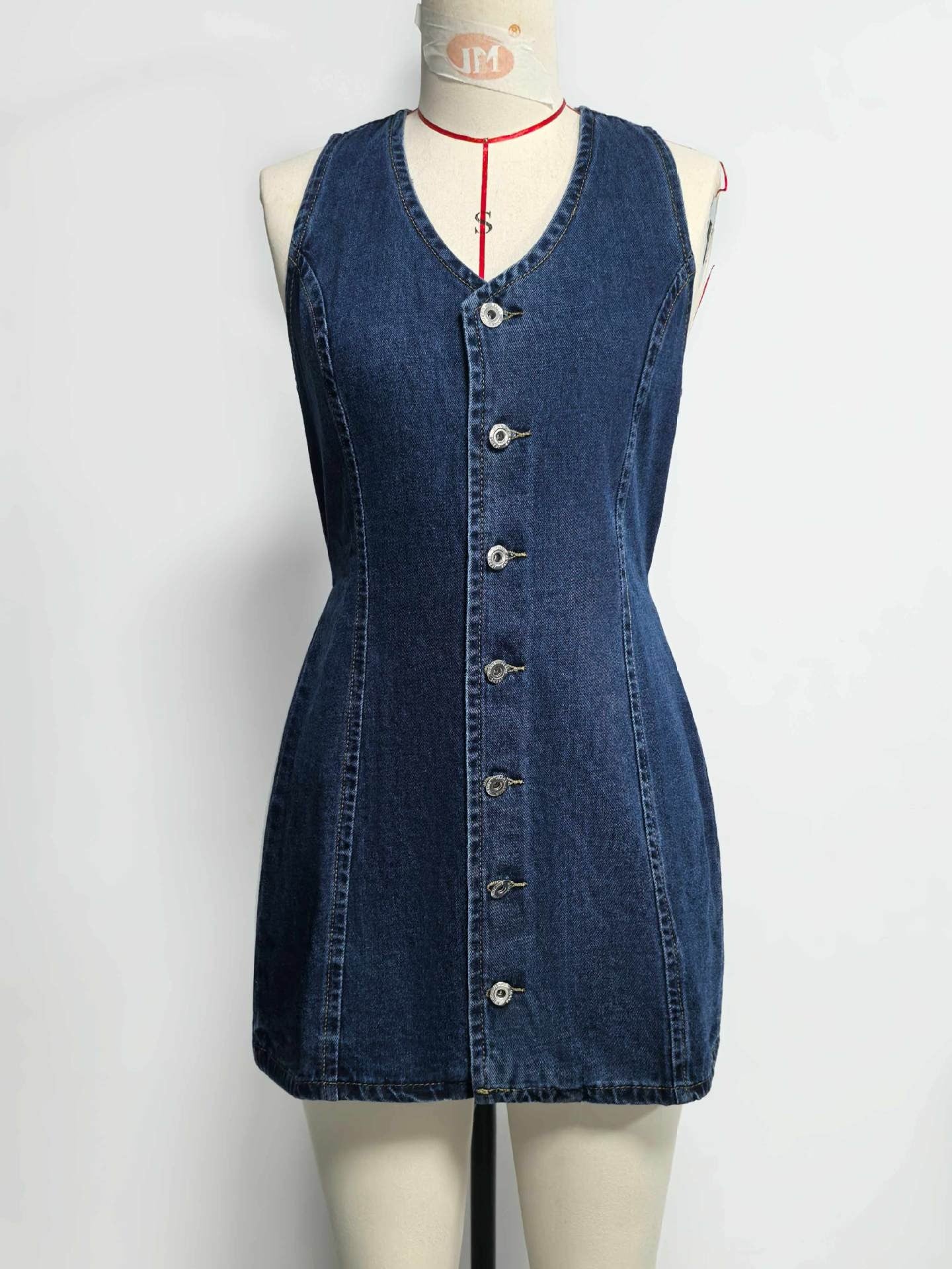 Vintage Solid Blue Denim Vest Dress for Women - Chic Tie Back Slim Fit Sundress