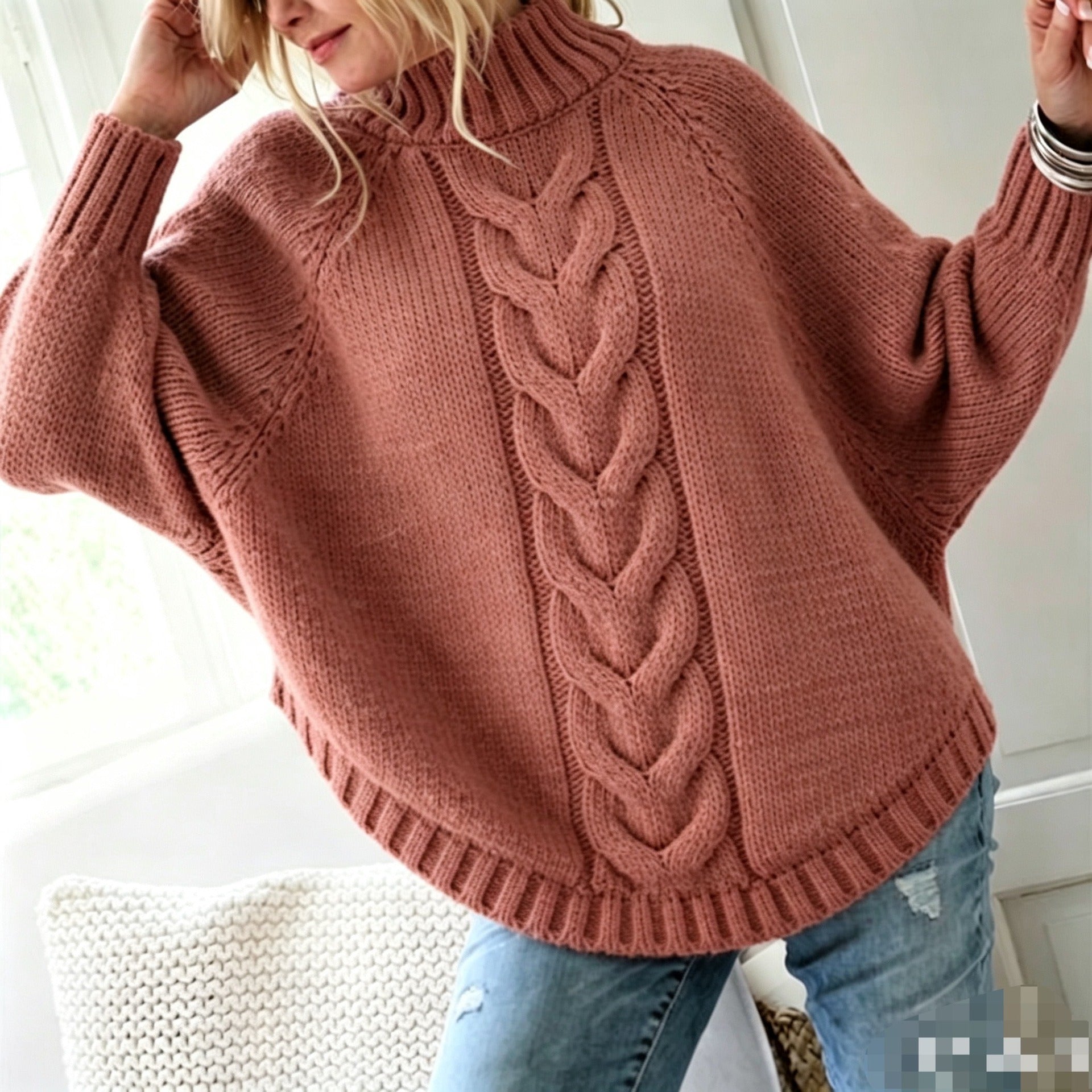 Elegant Cable Knit Mock Neck Poncho Sweater - Batwing Sleeve Slouchy Loose Pullover Plus Size