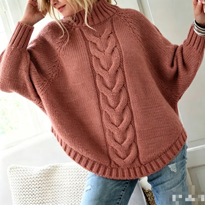 Elegant Cable Knit Mock Neck Poncho Sweater - Batwing Sleeve Slouchy Loose Pullover Plus Size
