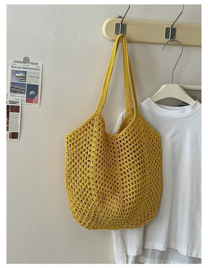 Bohemian Mesh Crochet Tote Bag - Slouchy Handwoven Cotton Knit Shoulder Purse & Beach Net Bag