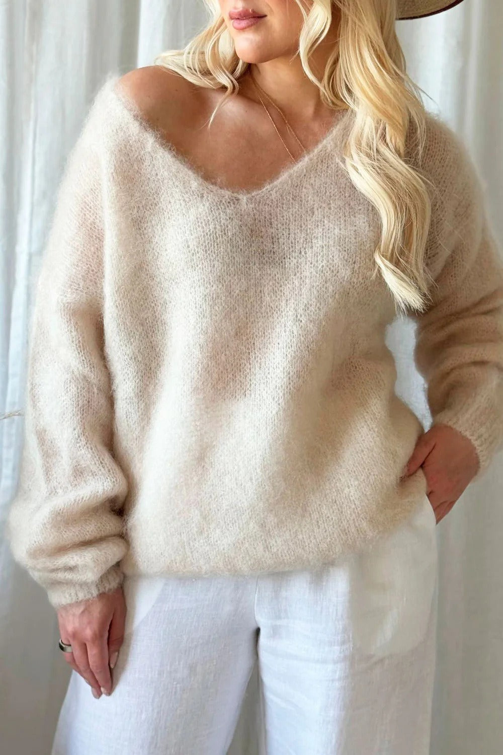 Women's Fuzzy Mohair-Like Knit Sweater | Casual V-Neck Long Sleeve Fluffy Pullover Top
