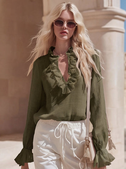 Chemisier en mélange de lin à col en V et volants pour femme - Chemise élégante à manches longues et poignets évasés