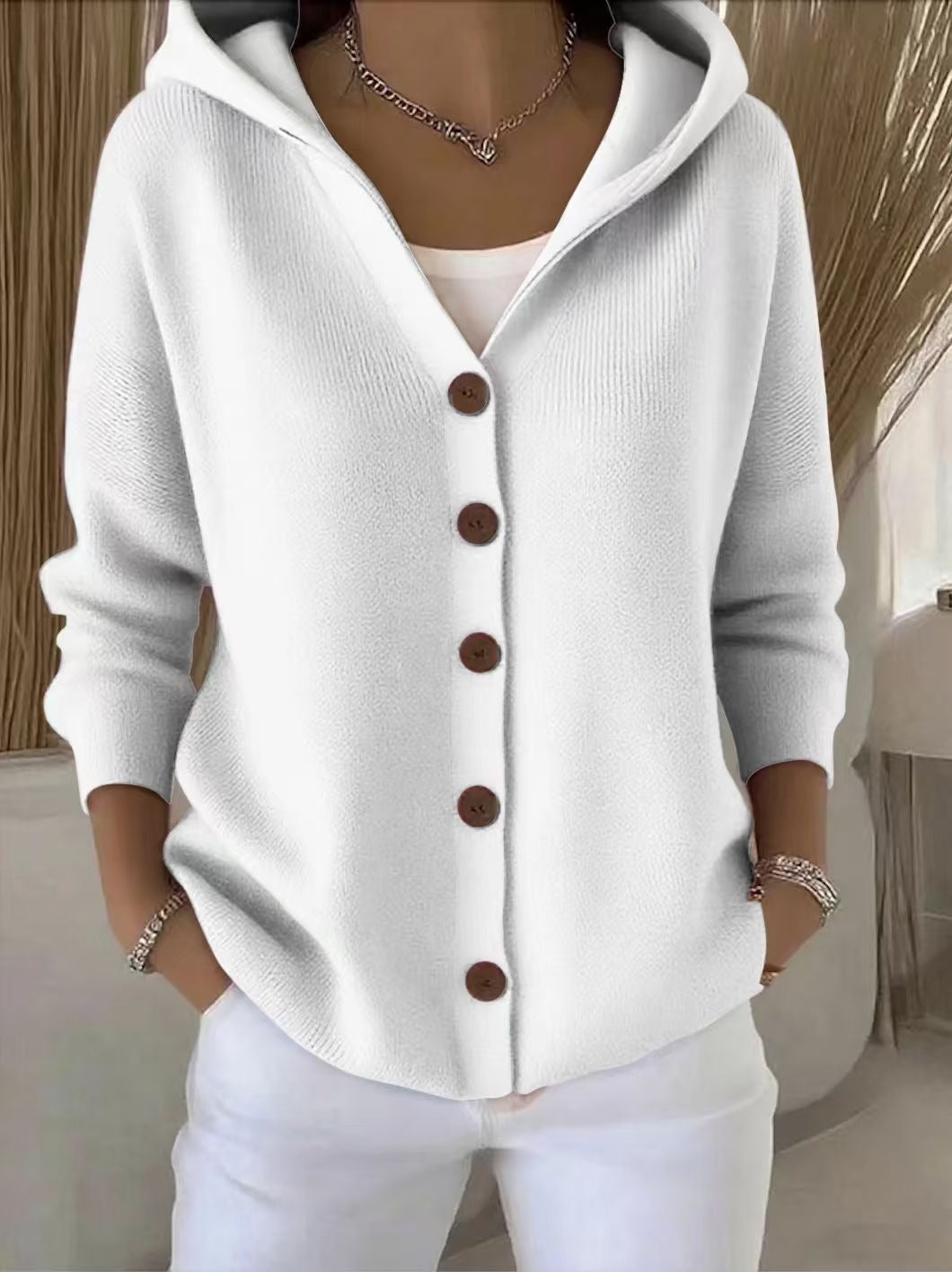 Women's Hooded Knitted Cardigan | Casual Button Down Solid Color Long Sleeve Sweater Coat