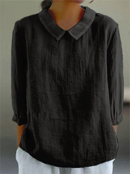 Chemise décontractée unie en coton et lin à manches 3/4 pour femme