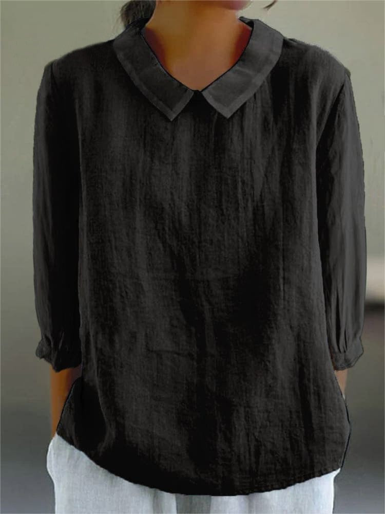 Chemise décontractée unie en coton et lin à manches 3/4 pour femme