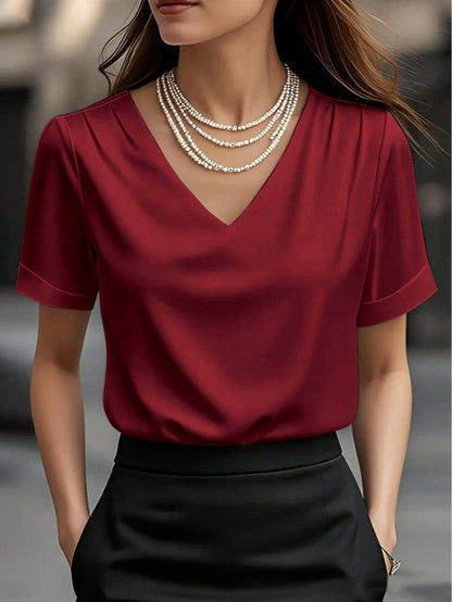 Elegant Satin V-Neck Blouse | Casual Loose Pleated Shoulder Short Sleeve Silky T-Shirt Top