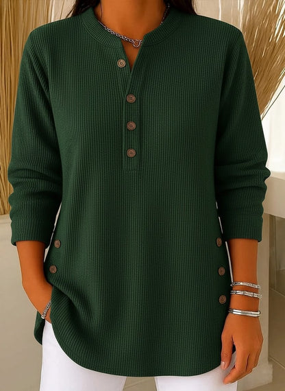 Chic Corduroy-Texture Knitted Blouse for Women - Loose Fit Side Button Tunic Jumper