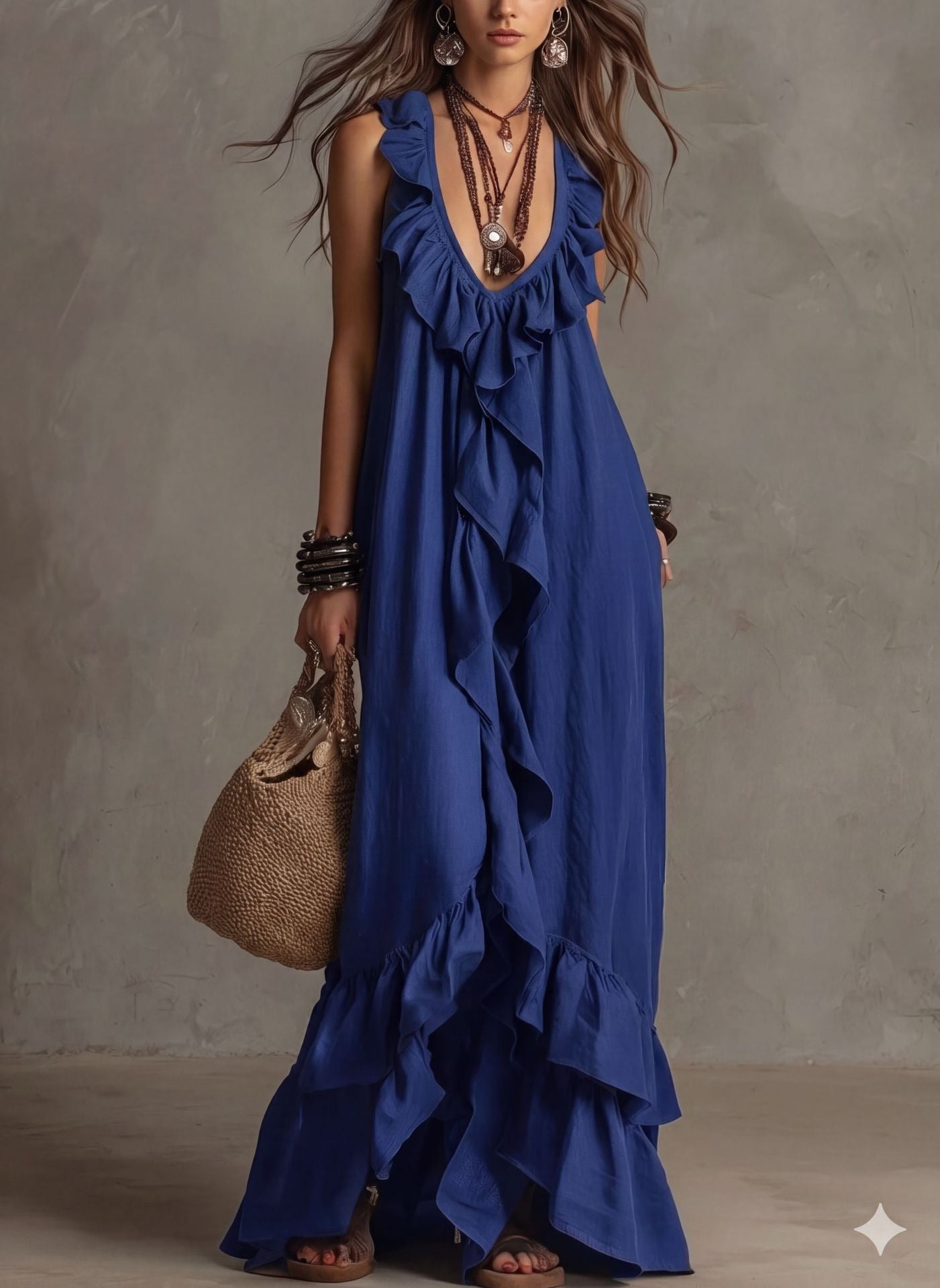 Sleeveless Deep V-Neck Summer Dress | Breathable Linen-Blend Textured Tiered Maxi