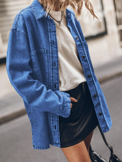 Vintage Solid Blue Denim Shirt for Women - Slouchy Mid-Long Jacket with Large Pockets