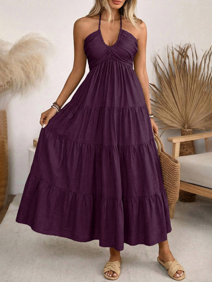 Bohemian Halter Neck Backless Maxi Dress - Ruched V-Neck Tiered Summer Beach Resort Long Sun Dress