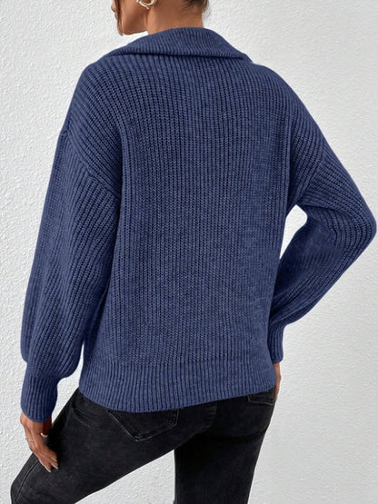 Women's Half Zip Ribbed Knit Sweater | Casual Polo Collar Long Sleeve Pullover Top