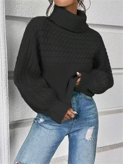Chic Cable Knit Turtle Neck Sweater - Slouchy Lantern Sleeve Solid Pullover Knitwear