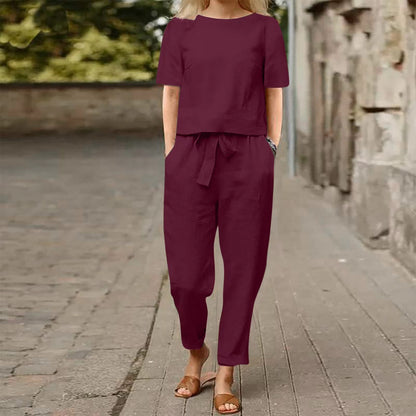 Ensemble assorti d'été minimaliste beige pour femme – Tunique chic en coton et lin et pantalon sarouel ceinturé, tenue 2 pièces légère pour le quotidien