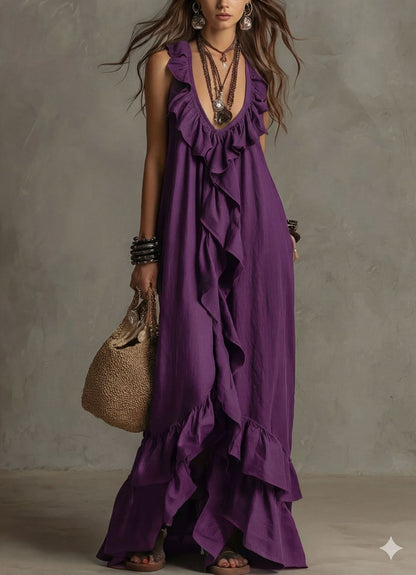 Sleeveless Deep V-Neck Summer Dress | Breathable Linen-Blend Textured Tiered Maxi