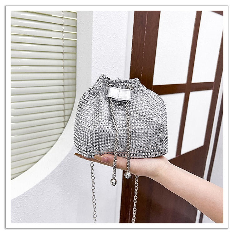 Glamorous Rhinestone Drawstring Bucket Bag - Luxury Crystal Chain Shoulder Purse & Crossbody Bag