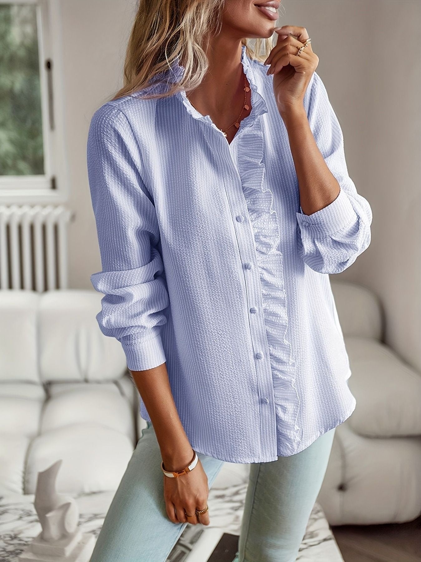 Vintage Striped Ruffle Seersucker Blouse - Long Sleeve Button-Down Stand Collar Shirt for Women