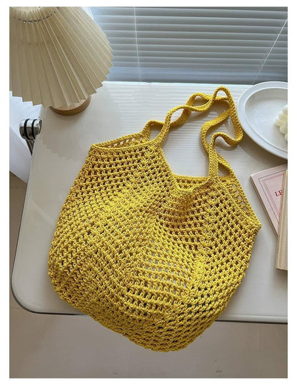Bohemian Mesh Crochet Tote Bag - Slouchy Handwoven Cotton Knit Shoulder Purse & Beach Net Bag