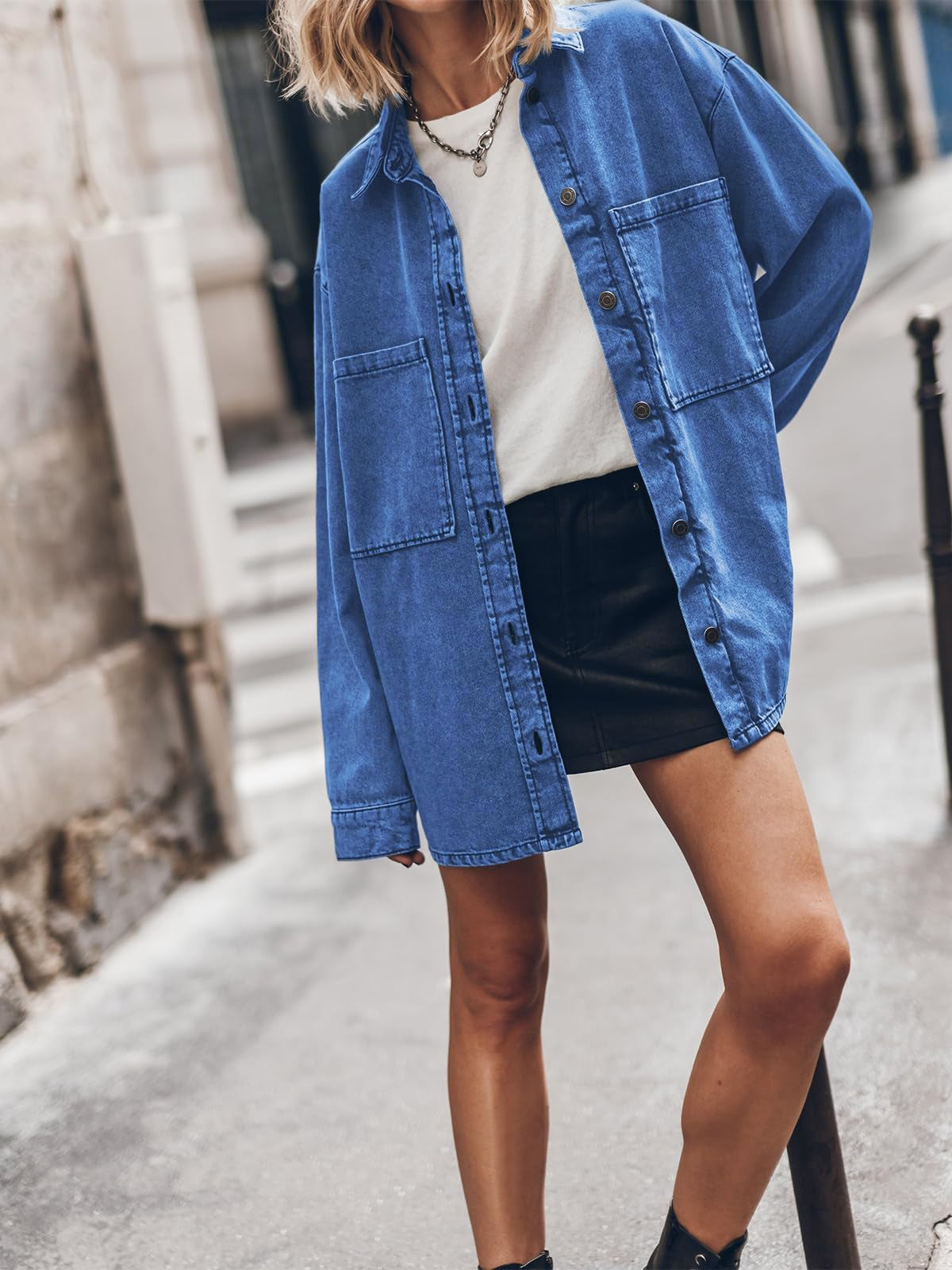 Vintage Solid Blue Denim Shirt for Women - Slouchy Mid-Long Jacket with Large Pockets
