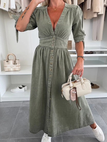 Women's Plunging V-Neck Denim Midi Dress | Casual Puff Sleeve Button Down Long Gown