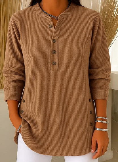 Chic Corduroy-Texture Knitted Blouse for Women - Loose Fit Side Button Tunic Jumper