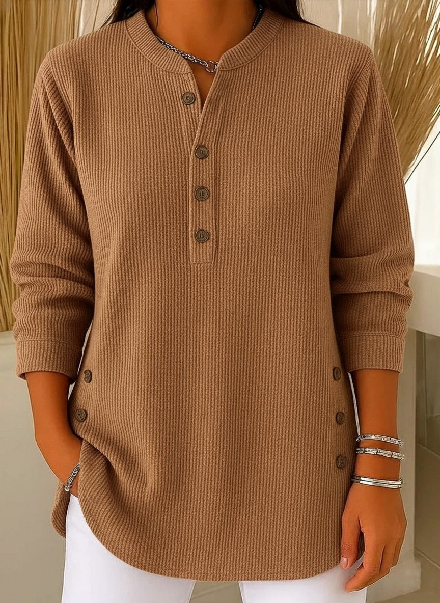Chic Corduroy-Texture Knitted Blouse for Women - Loose Fit Side Button Tunic Jumper