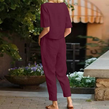 Ensemble assorti d'été minimaliste beige pour femme – Tunique chic en coton et lin et pantalon sarouel ceinturé, tenue 2 pièces légère pour le quotidien