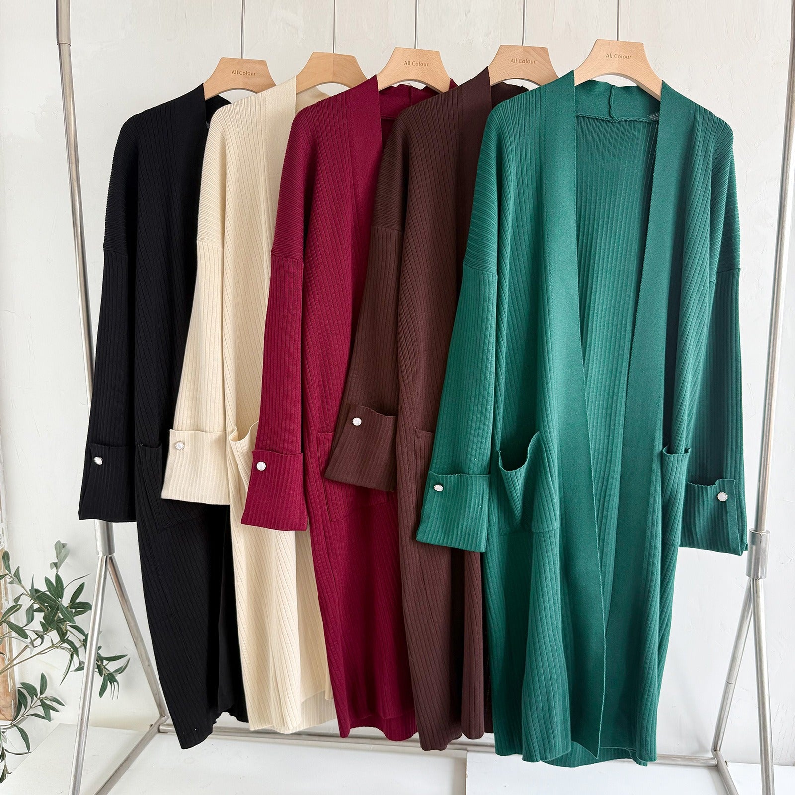 Elegant 3-Piece Ribbed Knit Set - Open Front Long Duster Cardigan, Crewneck Tee & Wide Leg Pants Lounge Set