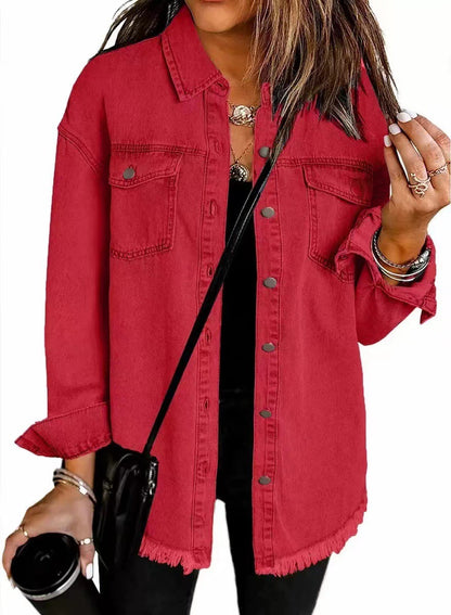 Women's Loose Casual Denim Shirt Jacket with Frayed Hem | Retro Washed Button Up Cotton Jean jacket