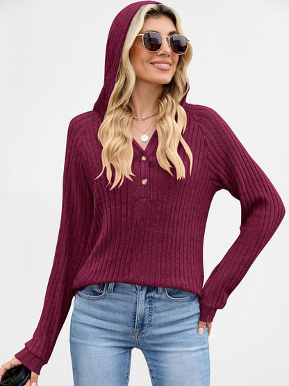 Women's Loose Fit Soft Knit Hooded Sweatshirt with Henley Buttons