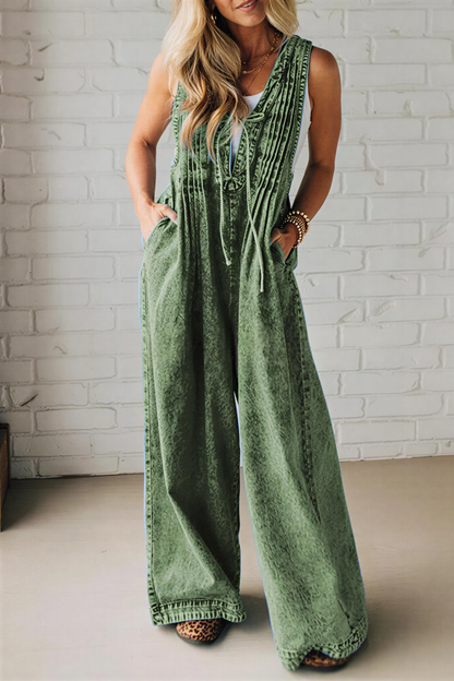Vintage Washed Denim Wide Leg Romper for Women - Artsy V-Neck Pintuck Jumpsuit