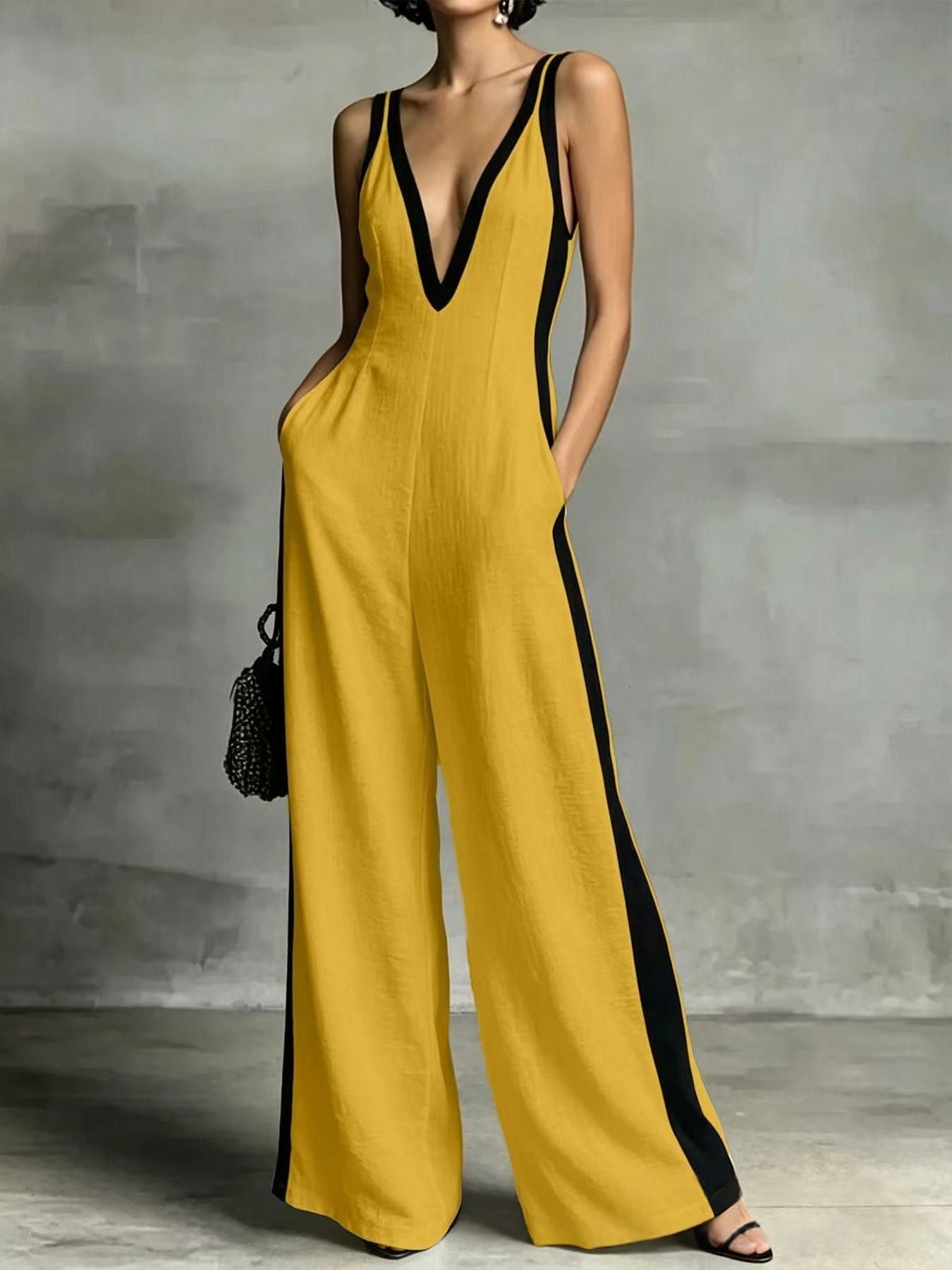 Sexy Color-Block Deep V-Neck Sleeveless Wide-Leg Jumpsuit
