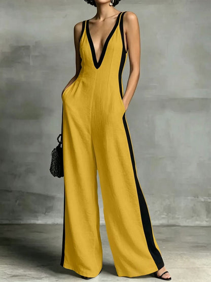 Sexy Color-Block Deep V-Neck Sleeveless Wide-Leg Jumpsuit